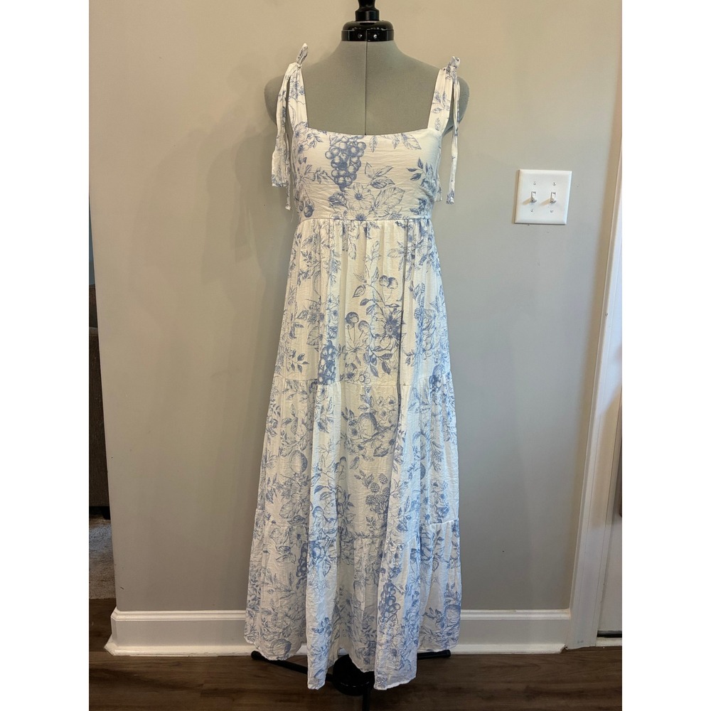 By The River Blue White Toile Floral Tie Shoulder Tiered Maxi Dress Small